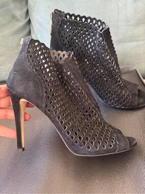 Ivanka Trump Perforated Suede Peep-Toe Booties – Black, Size 9.5